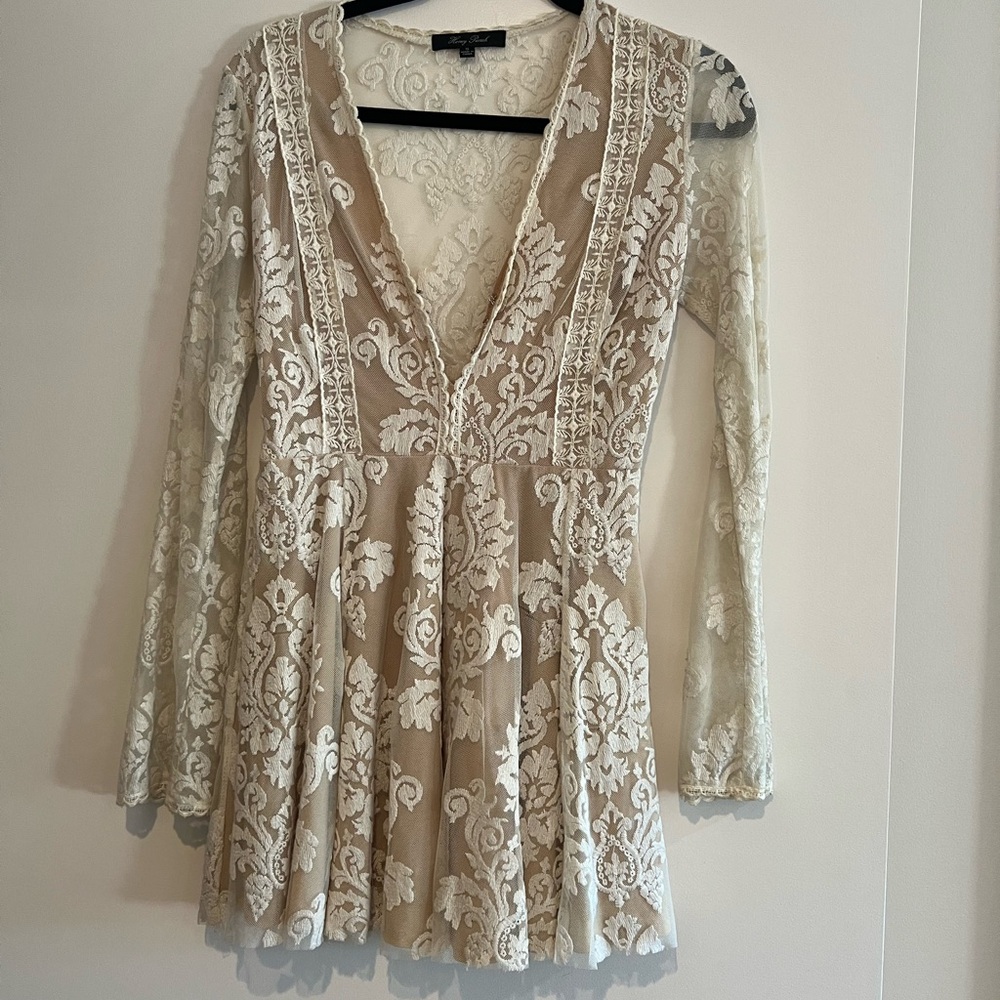 Honey Punch Beige mini dress with White Lace Overlay